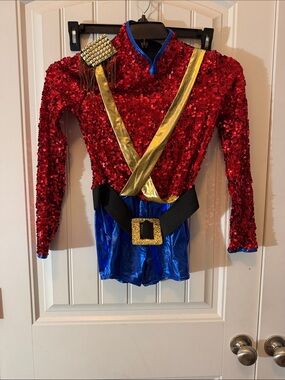 Weissman Red Sequin and Blue Metallic Dance Costume with Gold Accents